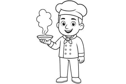 Coloring page of a chef smiling in uniform with a neckerchief and tall hat, holding a steaming bowl of food in one hand. Clean line art without background.