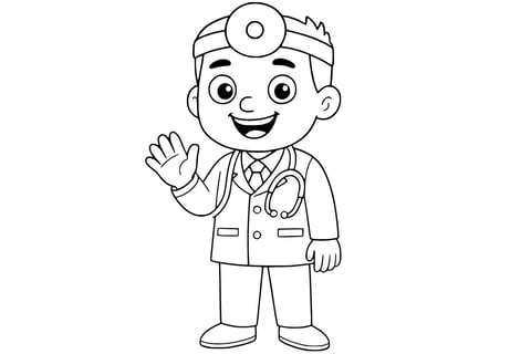 Coloring page of a doctor smiling and waving, wearing a head mirror and lab coat with a stethoscope around the neck. Clean line art without background.