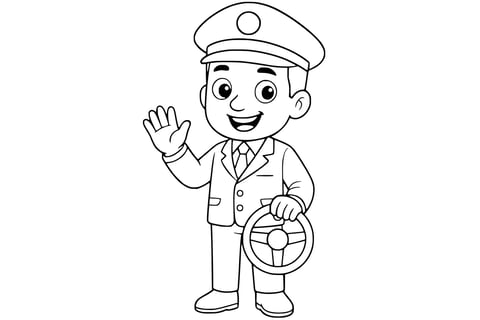 Coloring page of a driver smiling and waving, wearing a cap and uniform, holding a steering wheel in one hand. Clean line art without background.