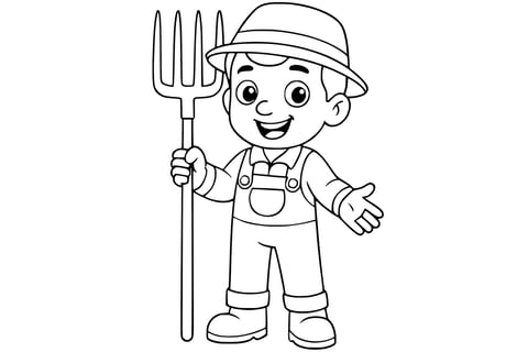 Coloring page of a farmer smiling in overalls and boots, wearing a hat and holding a pitchfork in one hand. Clean line art without background.