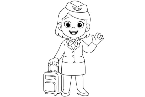 Coloring page of a flight attendant smiling and waving, wearing a uniform with a hat and scarf, holding a rolling suitcase. Clean line art without background.
