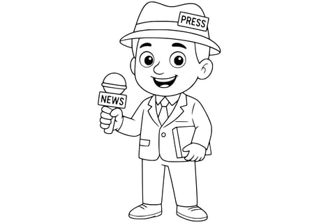 Journalist smiling in a suit and press hat, holding a news microphone in one hand and a notebook in the other.