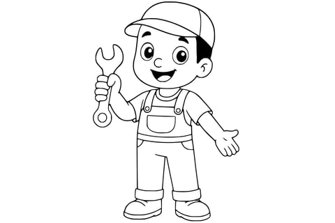 Mechanic smiling in overalls and a cap, holding a wrench in one hand and gesturing with the other.