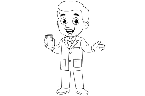 Pharmacist smiling in a lab coat and tie, holding a medicine bottle in one hand and gesturing with the other.