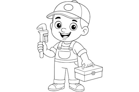Plumber smiling in overalls and a cap, holding a pipe wrench in one hand and a toolbox in the other.