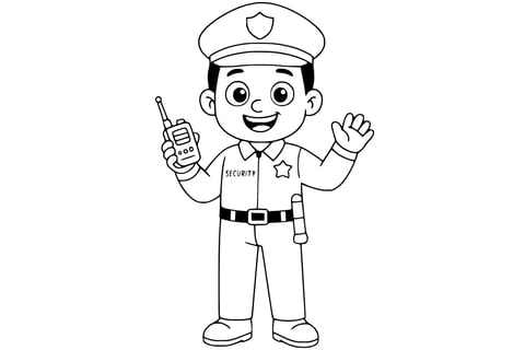 Security guard holding a walkie-talkie, wearing a uniform and cap with a badge.