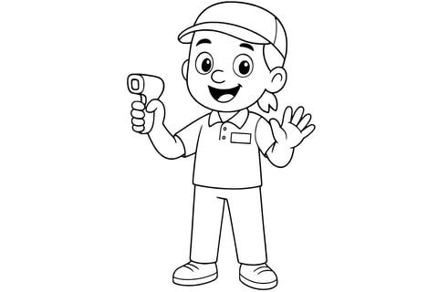 Coloring page of a cashier smiling in uniform, holding a barcode scanner. Clean line art without background.