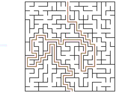 Rectangular maze in black and white with straight walls and a highlighted orange path.