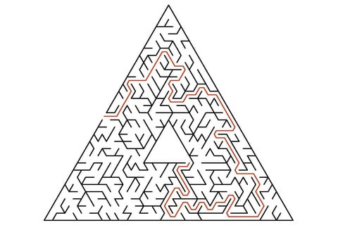 Triangular maze in black and white with angled corridors and an orange solution line.