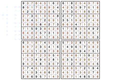 Four 9x9 Sudoku puzzles with solutions.