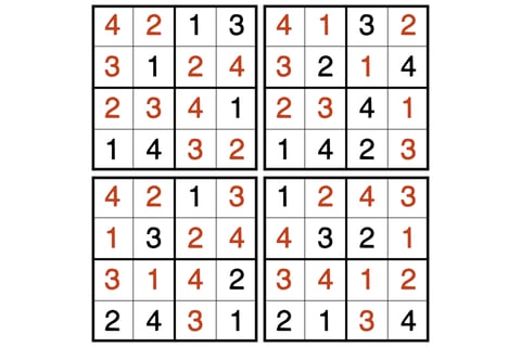 Four 4x4 Sudoku puzzles with solutions.