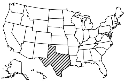 Map of the United States with Texas highlighted using diagonal shading.