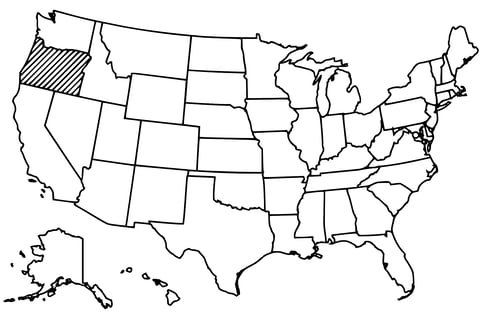 Map of the United States with Oregon highlighted using diagonal shading.