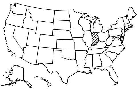 Map of the United States with Indiana highlighted using diagonal shading.