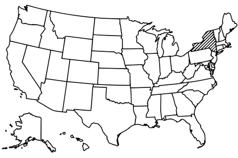 Map of the United States with New York highlighted using diagonal shading.