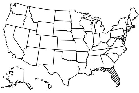 Map of the United States with Florida highlighted using diagonal shading.