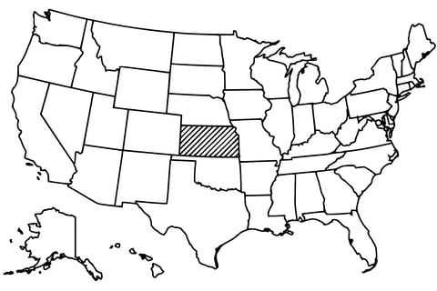Map of the United States with Kansas highlighted using diagonal shading.