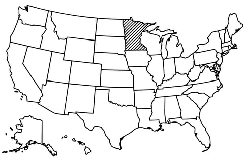 Map of the United States with Minnesota highlighted using diagonal shading.