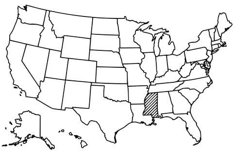 Map of the United States with Mississippi highlighted using diagonal shading.