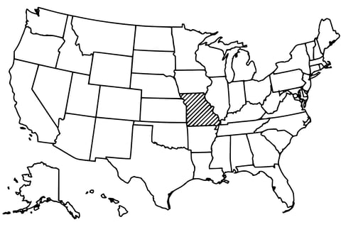 Map of the United States with Missouri highlighted using diagonal shading.