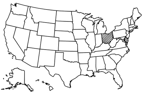 Map of the United States with Ohio highlighted using diagonal shading.