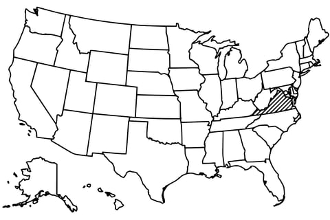 Map of the United States with Virginia highlighted using diagonal shading.