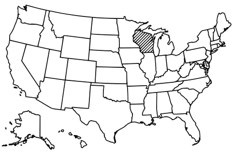 Map of the United States with Wisconsin highlighted using diagonal shading.