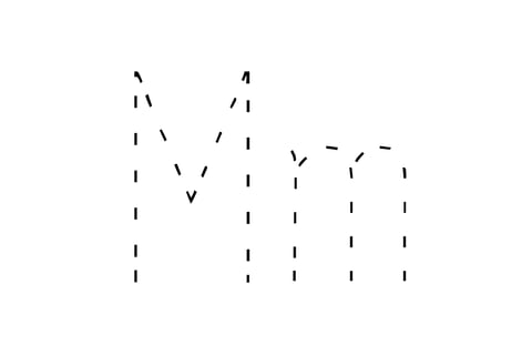 Dashed outline of uppercase M and lowercase m in the center on a white background.