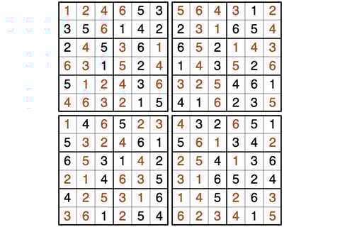 Four 6x6 Sudoku puzzles with solutions.