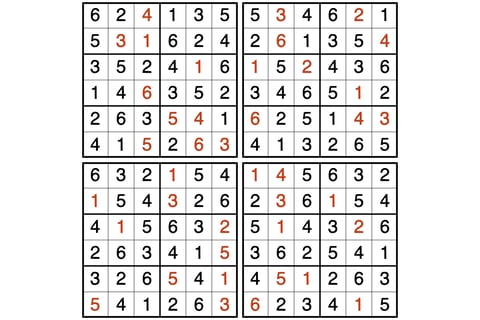 Four 6x6 Sudoku puzzles with solutions.