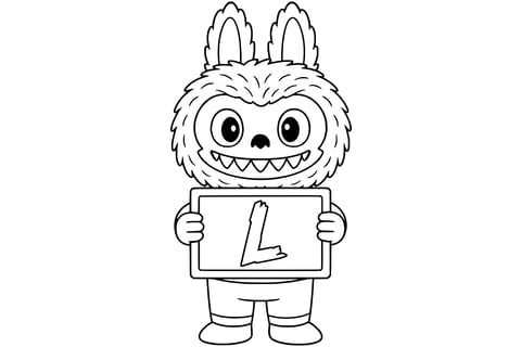 Labubu smiling and holding a rectangular chalkboard with a large bubble letter 'L', the first letter of his name.
