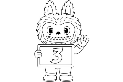 Labubu smiling and holding a rectangular chalkboard with a large bubble number '3'.