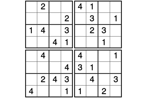 Four 4x4 Sudoku puzzles with solutions.