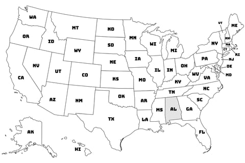Map of the United States with Alabama highlighted using diagonal shading.
