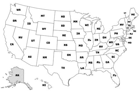 Map of the United States with Alaska highlighted using diagonal shading.