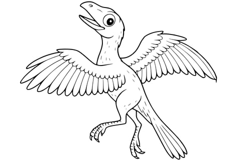 Archaeopteryx Dinosaur with feathers, two legs, clawed feet, large wings, and a long tail.