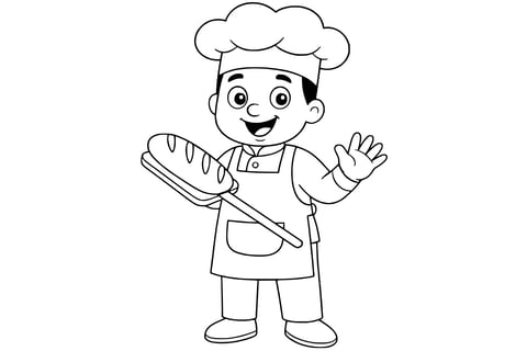Smiling baker wearing a chef hat and apron, holding a loaf of bread on a wooden peel and waving with the other hand.