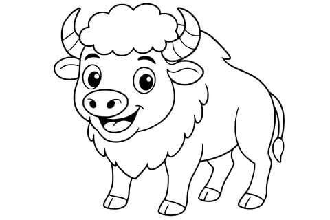 Bison with curved horns, fluffy hair, four hooved legs, and a tufted tail.