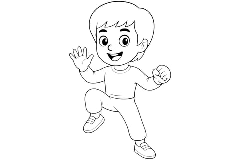 Bruce Lee smiling in a martial arts pose with one knee raised, one hand open, and the other in a fist, wearing a simple outfit and sneakers.