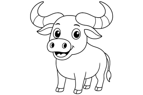 Buffalo with big eyes, curved horns, a wide nose with two nostrils, and a tufted tail.