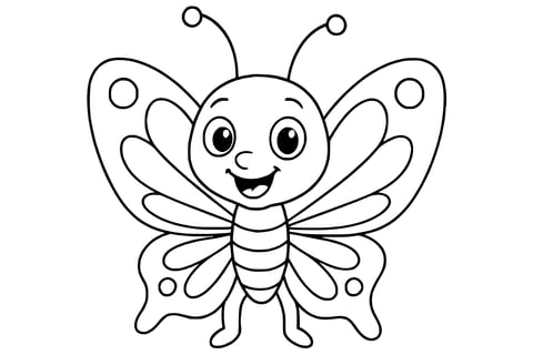 Butterfly with large patterned wings, two antennae, and a smiling face.