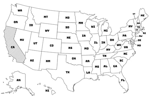 Map of the United States with California highlighted using diagonal shading.