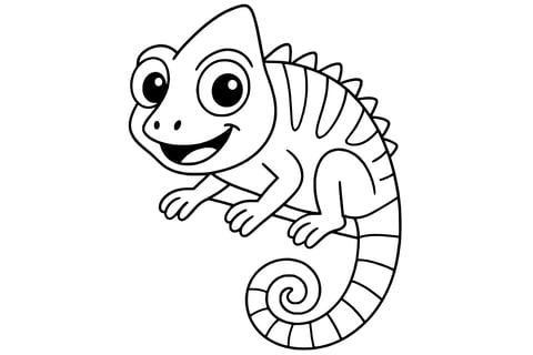 Chameleon with big eyes, curled tail, four legs, and spiky back.