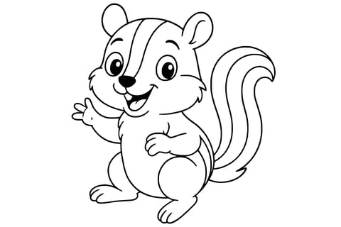 Chipmunk with big eyes, striped back, fluffy tail, and one paw raised.
