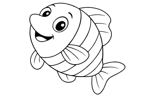 Clownfish with big eyes, striped body, and detailed fins.