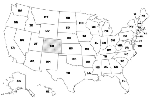 Map of the United States with Colorado highlighted using diagonal shading.