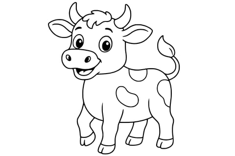 Cow with horns, big eyes, round spots, and a curly tail, standing on four legs.