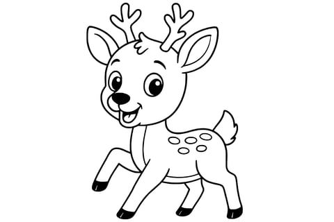 Deer with antlers, big eyes, spotted back, and raised front legs as if prancing.
