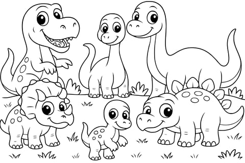 Cute dinosaur coloring page with five smiling cartoon dinosaurs including a T. rex, Triceratops, Stegosaurus, Brachiosaurus, and a baby dino, all with big open eyes and bold outlines on a white background.