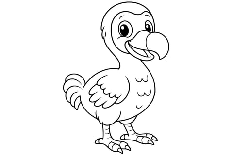 Dodo bird with a large beak, small wings, and big eyes, standing upright with a cheerful expression.